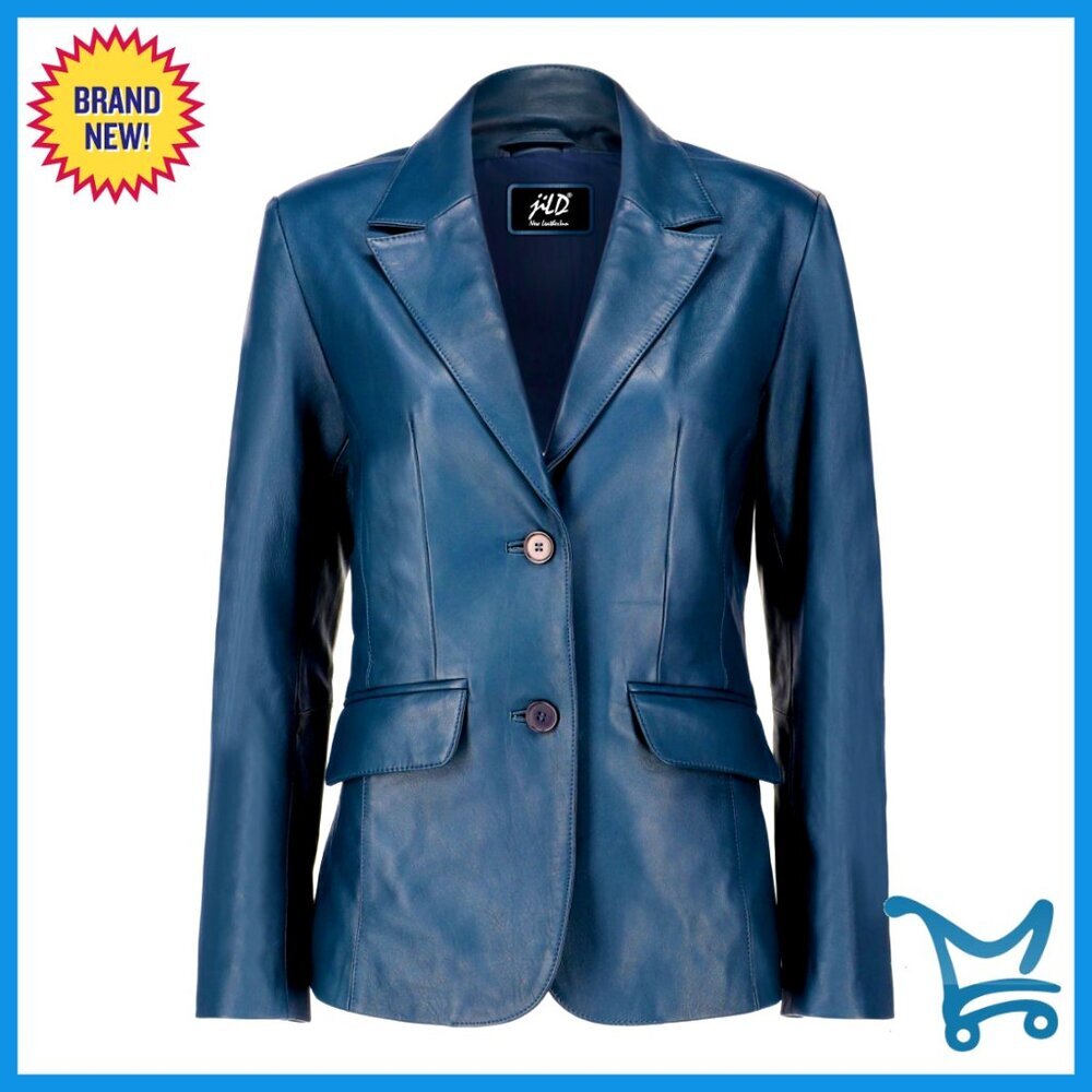 Lambskin Leather Blazer Jacket Women's 2-Button Notch Lapel Professional
